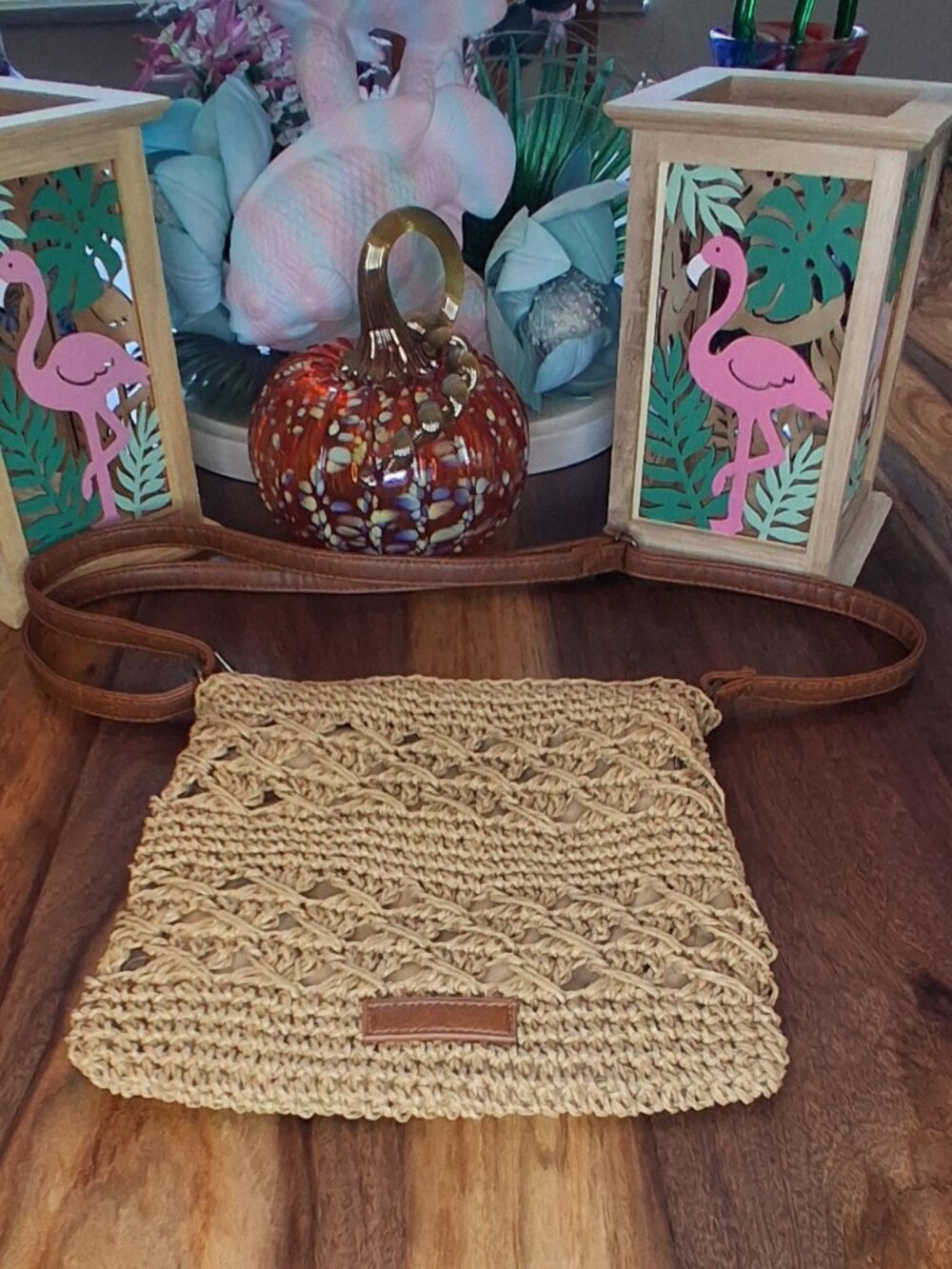 Boho Woven Straw Raffia Crochet Crossbody Bag Tan Faux Leather Strap